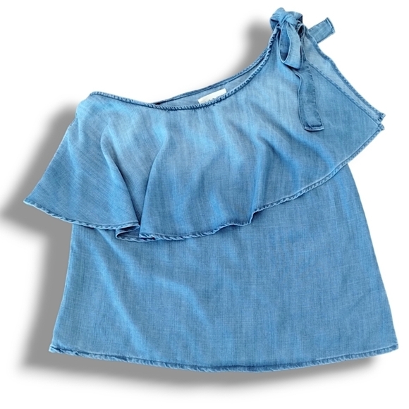 Anthropologie Cloth & Stone Chambray One Shoulder Ruffle Top  - Picture 2 of 6